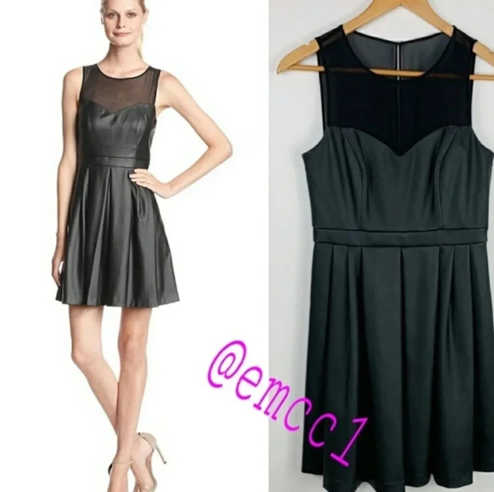 Ali Ro Black Faux Leather Pleated Dress Silk Lace